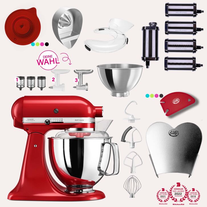 KitchenAid Artisan 4,8 Liter KSM175 Sallys Spar-Set Pasta Deluxe mit 5-teiligem Nudelwalzen-Set & Fleischwolf- EMPIRE ROT