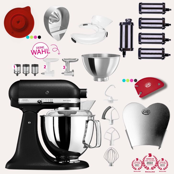 KitchenAid Artisan 4,8 Liter KSM175 Sallys Spar-Set Pasta Deluxe mit 5-teiligem Nudelwalzen-Set & Fleischwolf - GUSSEISEN SCHWARZ