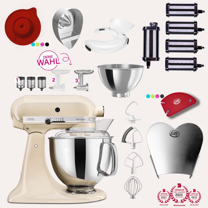 KitchenAid Artisan 4,8 Liter KSM175 Spar-Set Pasta Deluxe mit 5-teiligem Nudelwalzen-Set, Fleischwolf - CREME