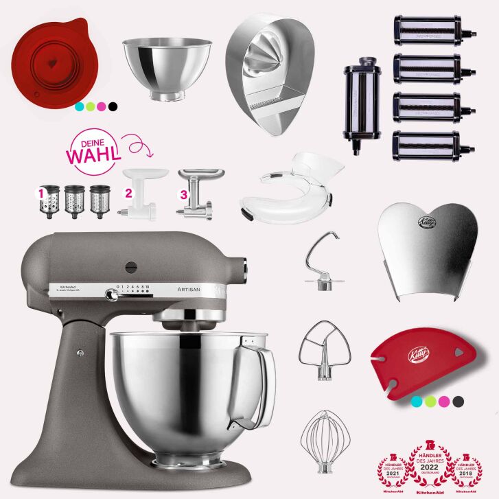 KitchenAid Artisan 4,8 Liter KSM185 Sallys Spar-Set Pasta Deluxe mit 5-teiligem Nudelwalzen-Set & Fleischwolf - IMPERIAL GREY