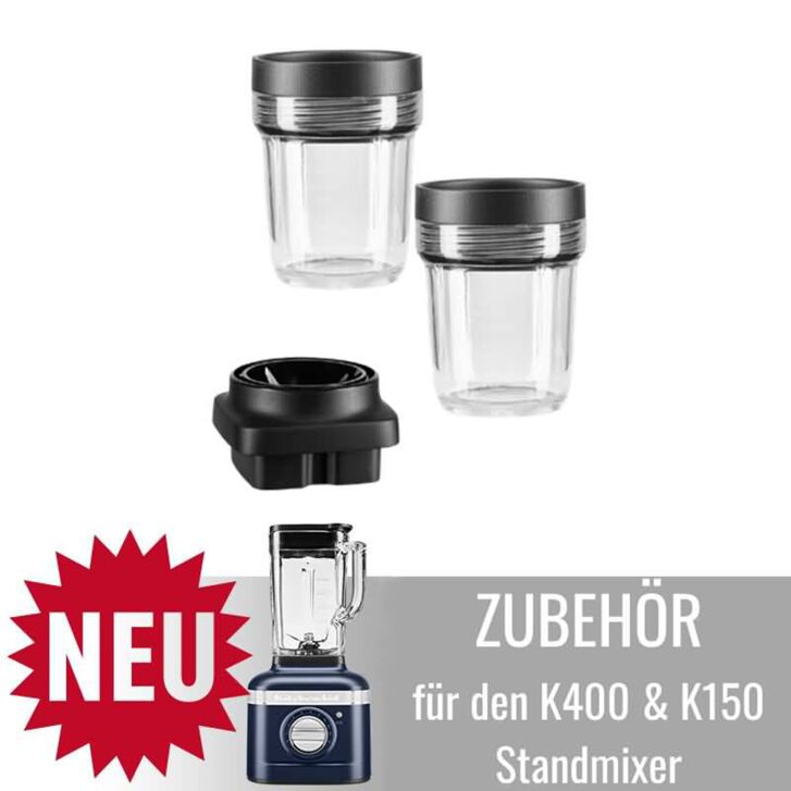 Zubehör für KitchenAid Artisan K400 & K150 Standmixer: 2 x 200ml Mixbehälter mit Deckel inklusive Messereinheit 5KSB2040BBB