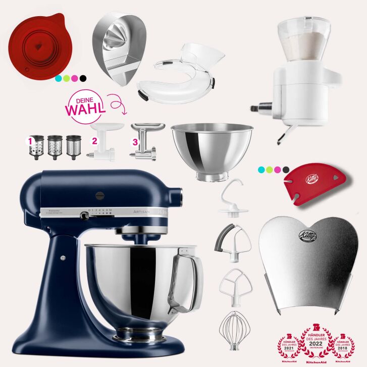 KitchenAid Artisan 4,8 Liter KSM175 Sallys Spar-Set mit Sieb mit digitaler Waage & Fleischwolf - TINTENBLAU