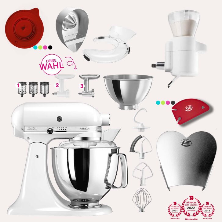 KitchenAid Artisan 4,8 Liter KSM175 Spar-Set mit Sieb mit digitaler Waage, Fleischwolf - WEISS