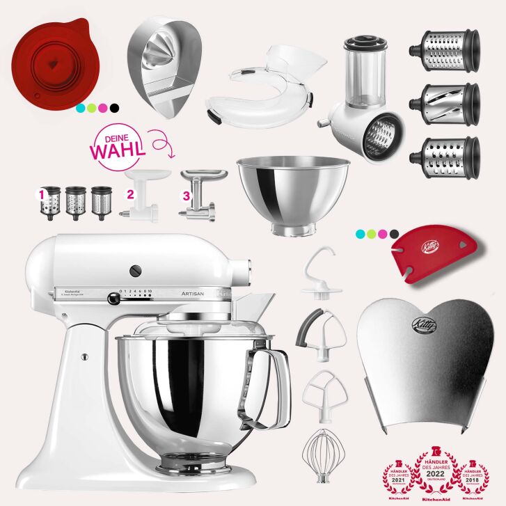 KitchenAid Artisan 4,8 Liter KSM175 Sallys Spar-Set mit Gemüseschneider & Fleischwolf - WEISS