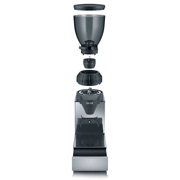 GRAEF Kaffeemühle CM850 aus Edelstahl und Aluminium - 128 W - Reinigungspinsel - 2 Siebträgerhalter - Aromaschonendes Kegelmalwerk aus Edelstahl