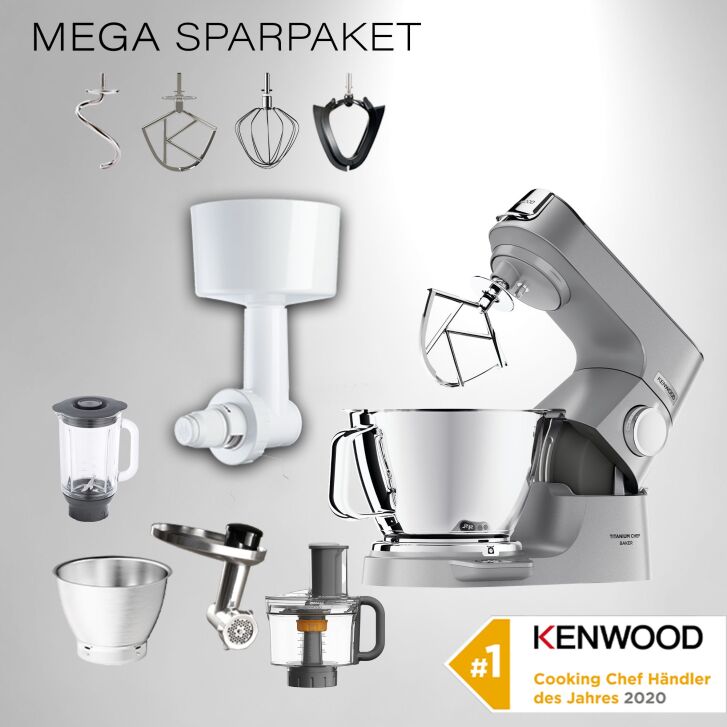 Kenwood Küchenmaschine Titanium Chef Baker Silber KVC85.594SI - Spar-Set Getreidemühle