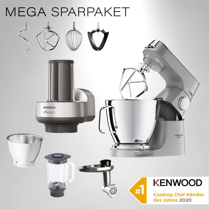 Kenwood Küchenmaschine Titanium Chef Baker XL Silber KVL85.224SI - Spar-Set Spiralschneider