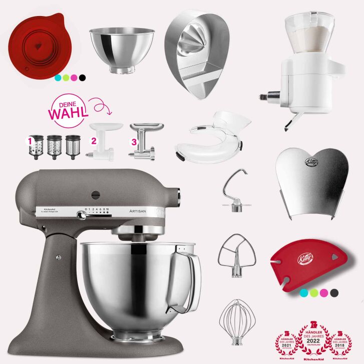 KitchenAid Artisan 4,8 Liter KSM185 Spar-Set mit Sieb mit digitaler Waage, Fleischwolf - IMPERIAL GREY