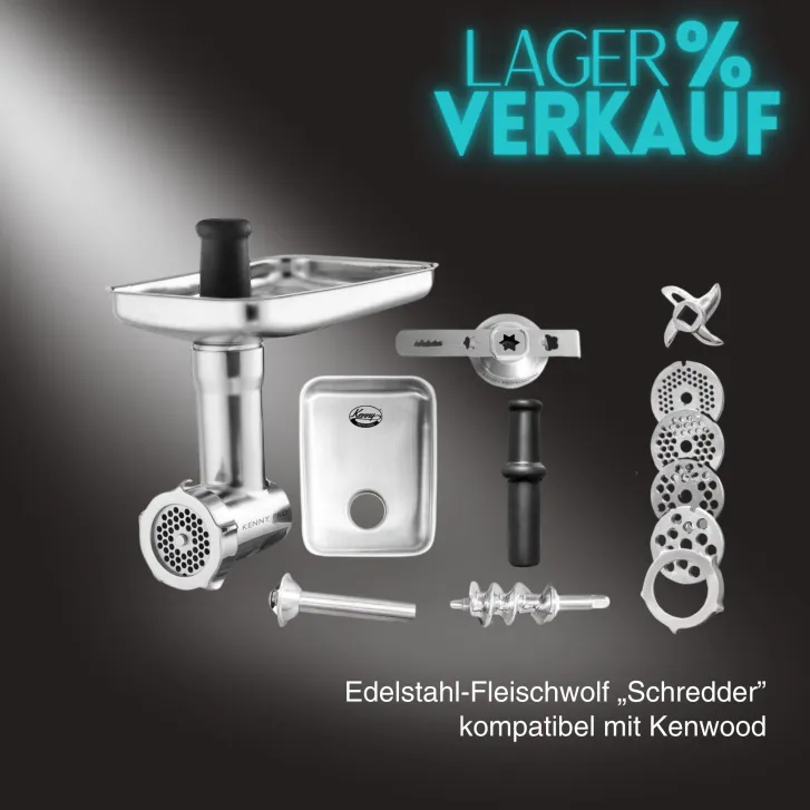 Kenny Professional Profi Edelstahl-Fleischwolf Schredder inkl. Lochscheiben, Messer, Wurstfüllhorn sowie Spritzgebäckvorsatz kompatibel mit Kenwood