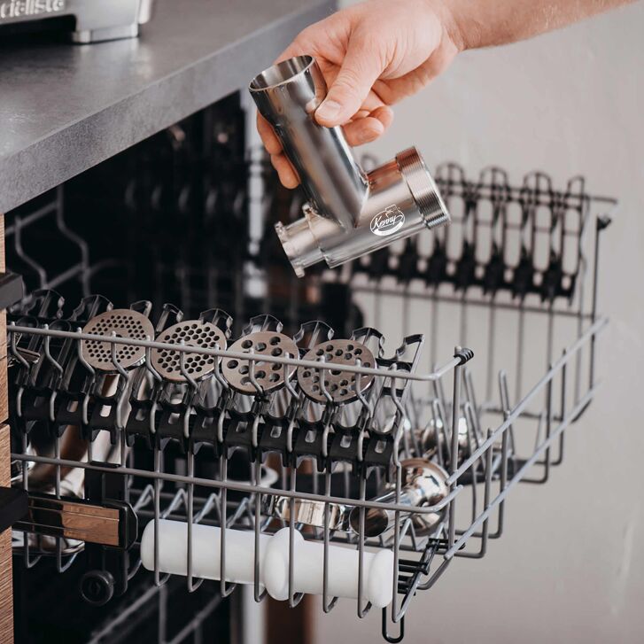 Kenny Professional Profi Edelstahl-Fleischwolf Schredder inkl. Lochscheiben, Messer, Wurstfüllhorn sowie Spritzgebäckvorsatz kompatibel mit Kenwood