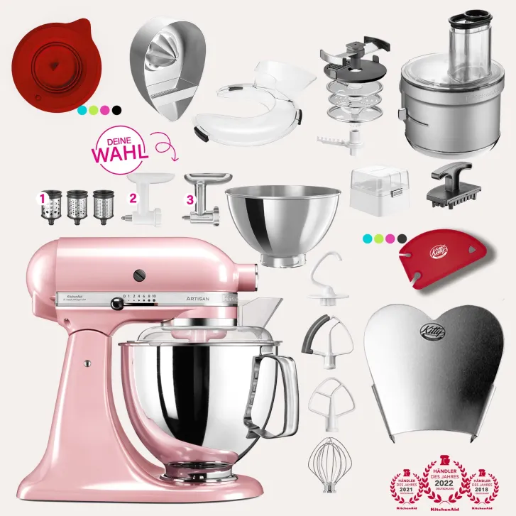 KitchenAid Artisan 4,8 Liter KSM175 Sallys Spar-Set mit Food Processor & Fleischwolf - SILKY PINK