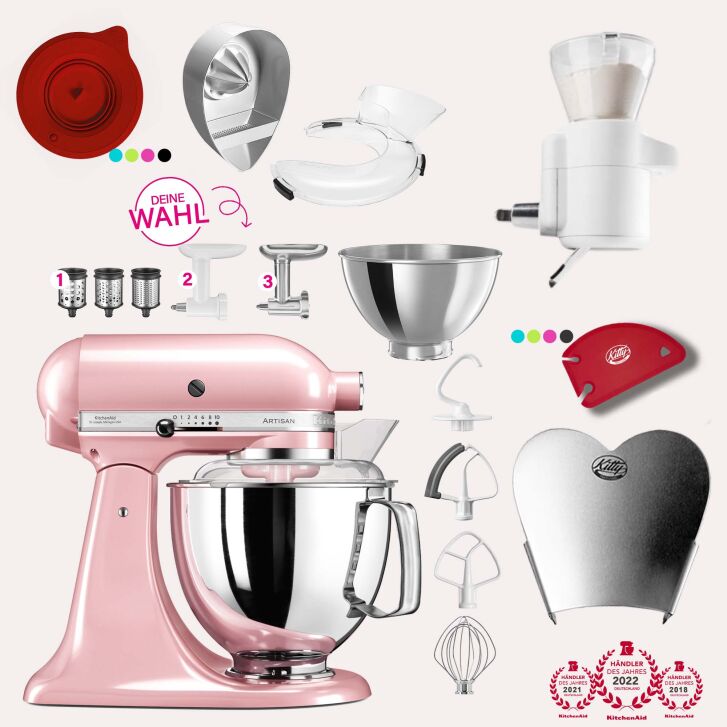 KitchenAid Artisan 4,8 Liter KSM175 Sallys Spar-Set mit Sieb mit digitaler Waage & Fleischwolf - SILKY PINK