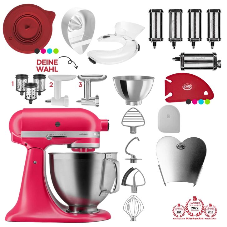 KitchenAid Artisan 4,8 Liter 5KSM195PSEHI Sallys Spar-Set Pasta Deluxe mit 5-teiligem Nudelwalzen-Set & Fleischwolf - HIBISCUS / HIBISKUS