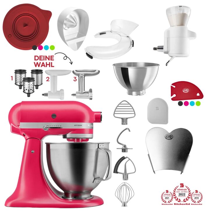 KitchenAid Artisan 4,8 Liter 5KSM195PSEHI Sallys Spar-Set mit Sieb mit digitaler Waage & Fleischwolf - HIBISCUS / HIBISKUS