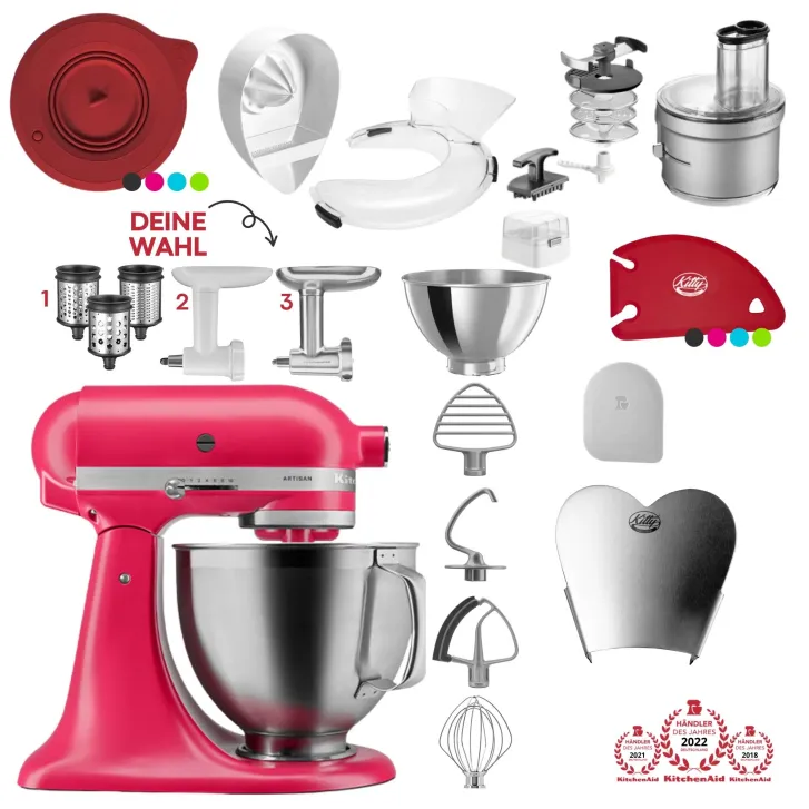 KitchenAid Artisan 4,8 Liter 5KSM195PSEHI Sallys Spar-Set mit Food Processor & Fleischwolf - HIBISCUS / HIBISKUS