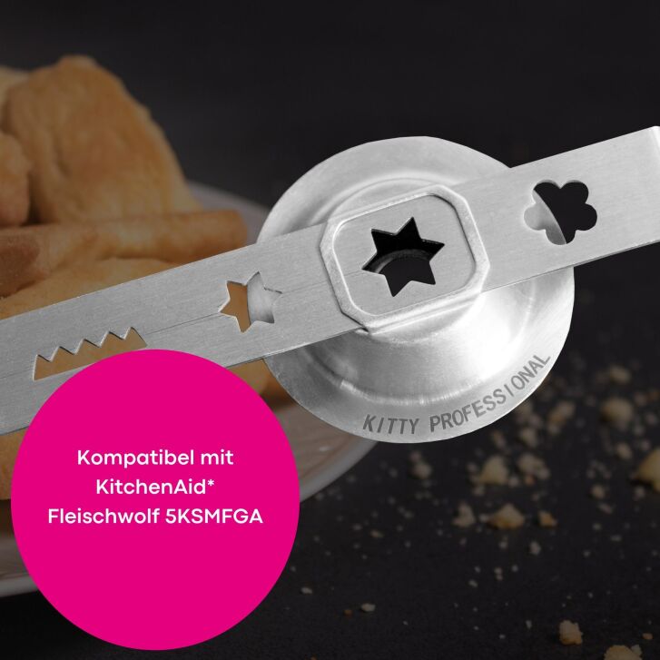 Kitty Professional Profi Edelstahl-Spritzgebäckvorsatz Cookie Größe 5 kompatibel mit KitchenAid Fleischwolf 5KSMFGA