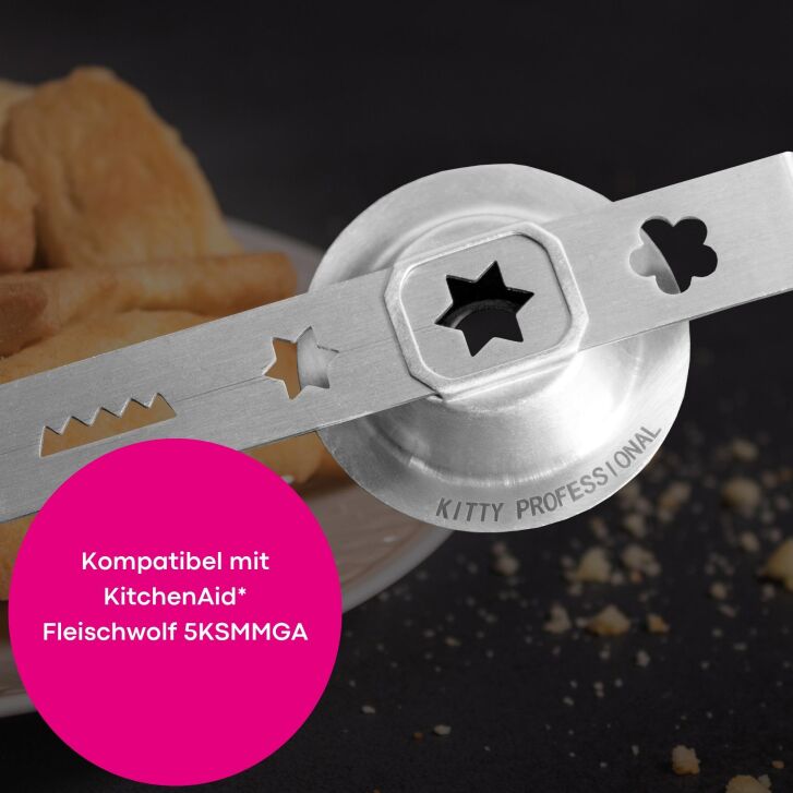 Kitty Professional Profi Edelstahl-Spritzgebäckvorsatz Cookie Größe 8 kompatibel mit KitchenAid Fleischwolf 5KSMMGA