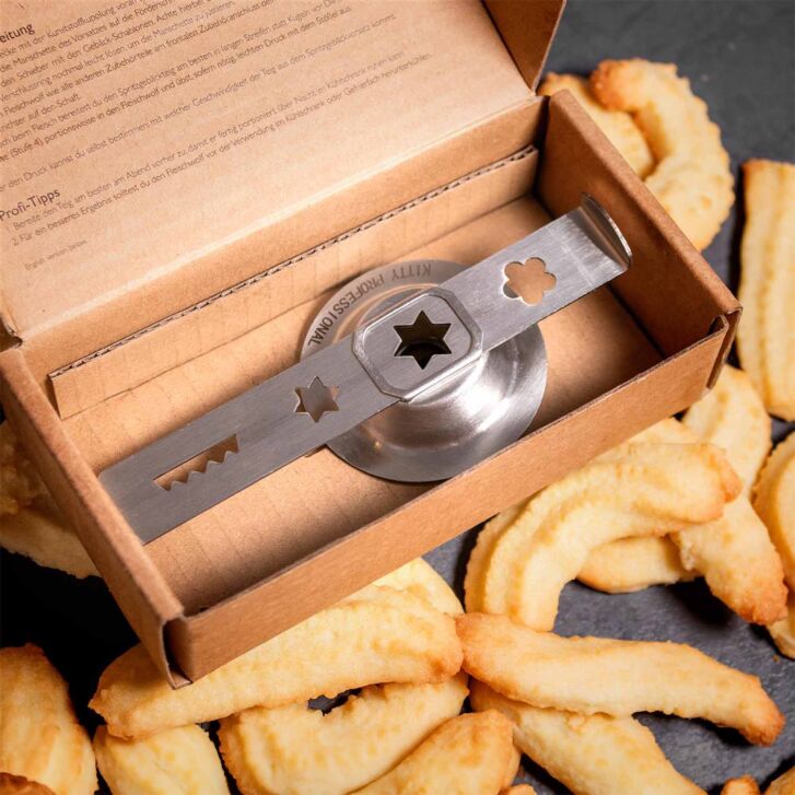 Kitty Professional Profi Edelstahl-Spritzgebäckvorsatz Cookie Größe 8 kompatibel mit KitchenAid Fleischwolf 5KSMMGA