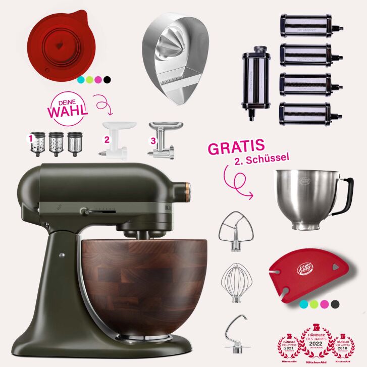 DESIGN EDITION: KitchenAid Artisan 4,7 Liter Spar-Set Pasta Deluxe mit 5-teiligem Nudelwalzen-Set, Fleischwolf - EVERGREEN