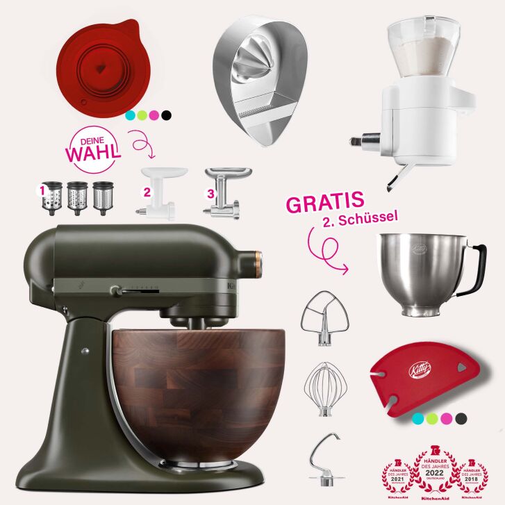 DESIGN EDITION: KitchenAid Artisan 4,7 Liter Spar-Set mit Sieb mit digitaler Waage & Fleischwolf  - EVERGREEN