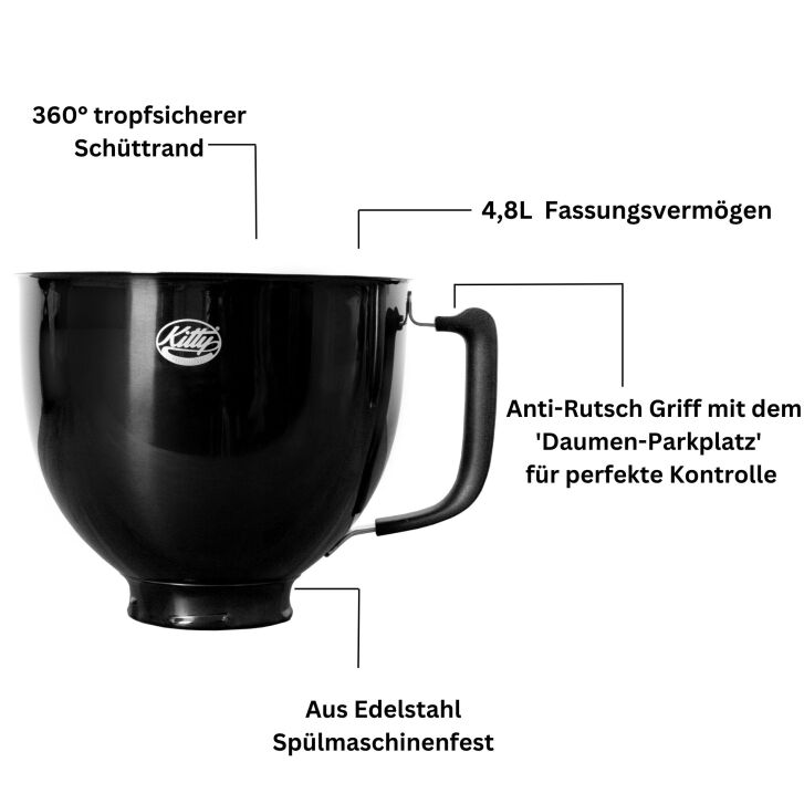 Kitty Professional Profi-Rührschüssel "Super Bowl" kompatibel mit KitchenAid 4,3 / 4,7  und 4,8 Liter - TITAN BLACK