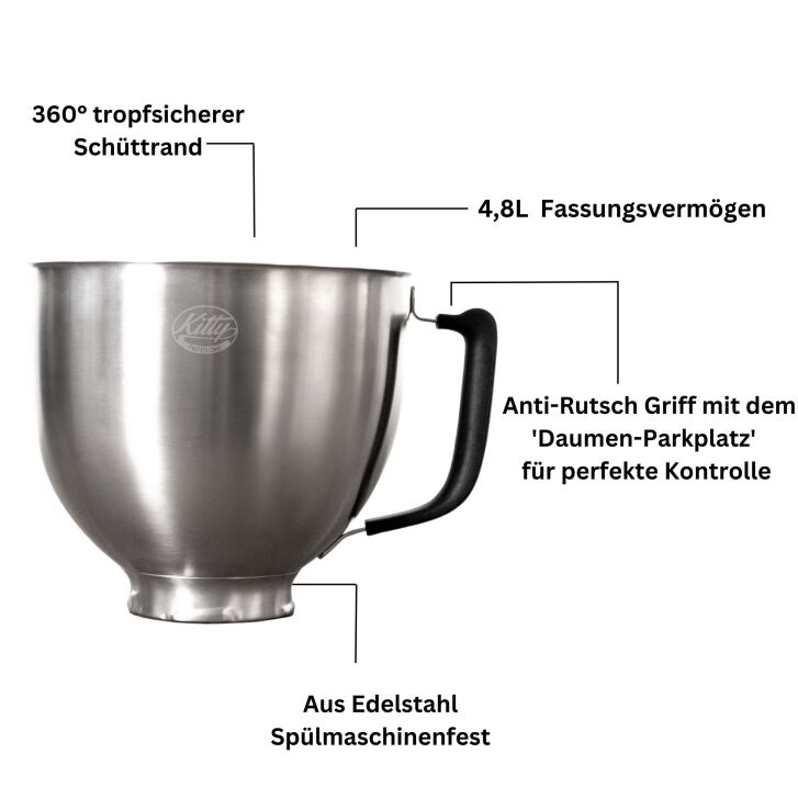 Kitty Professional Profi-Rührschüssel Super Bowl kompatibel mit KitchenAid 4,3 / 4,7  und 4,8 Liter - BRUSHED STEEL