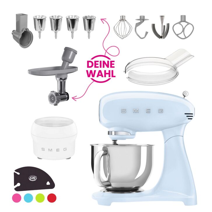 SMEG Küchenmaschine SMF03PBEU Super Spar-Set inkl. Fleischwolf und Eisbereiter - Pastellblau 50s Retro-Style
