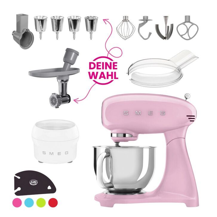 SMEG Küchenmaschine SMF03PKEU Super Spar-Set inkl. Fleischwolf und Eisbereiter - Cadillac Pink 50s Retro-Style