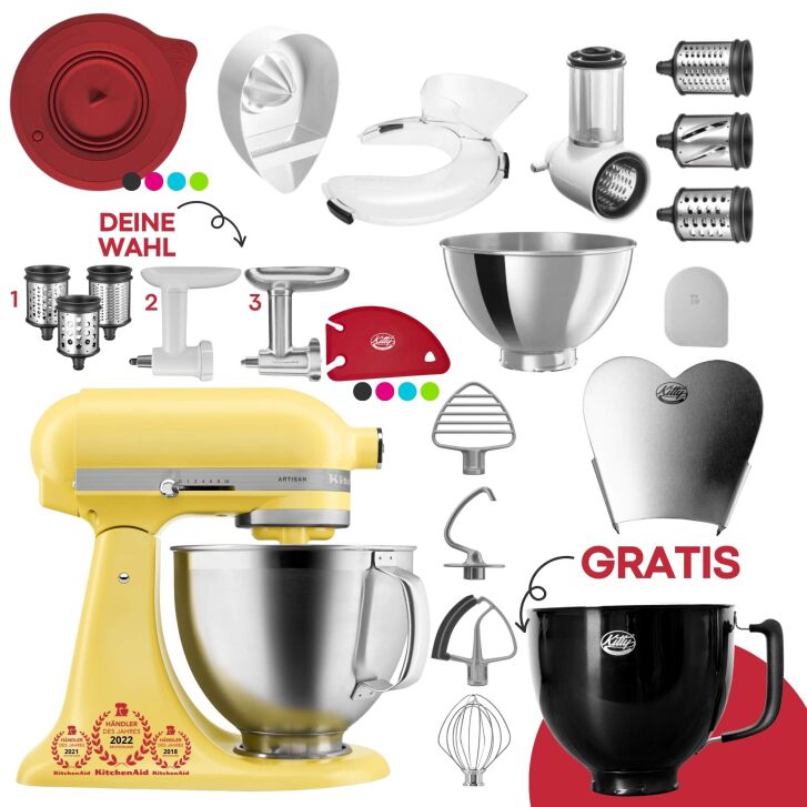 KitchenAid 4,8 Liter KSM195 Sallys Spar-Set mit Gemüseschneider & Fleischwolf - YELLOW BUTTER