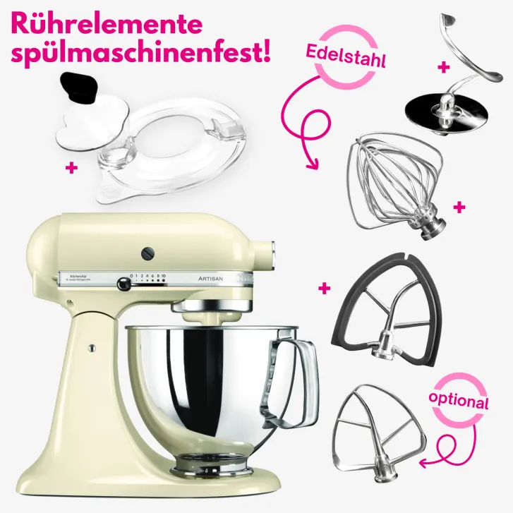 KitchenAid Profi Power-Set: KitchenAid Artisan Küchenmaschine 4,8 L - CREME -  inkl. Profi-Spritzschutz Zuhälter und Profi-Edelstahl-Rührelemente Teigpeitsche, Schaumschläger & Tornado