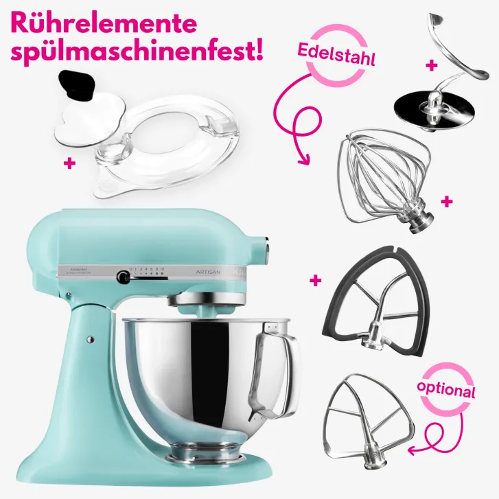 KitchenAid Profi Power-Set: KitchenAid Artisan Küchenmaschine 4,8 L - MINERAL WATER -  inkl. Profi-Spritzschutz Zuhälter und Profi-Edelstahl-Rührelemente Teigpeitsche, Schaumschläger & Tornado