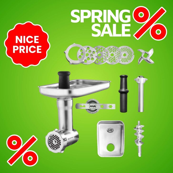 Kitty Professional Profi Edelstahl-Fleischwolf SCHREDDER PRO inkl. Lochscheiben, Messer, Wurstfüllhorn sowie Spritzgebäckvorsatz kompatibel mit KitchenAid Küchenmaschinen - 2. Wahl