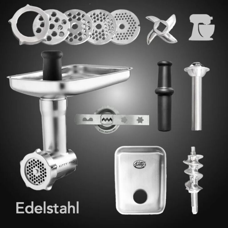 Kitty Professional Profi Edelstahl-Fleischwolf SCHREDDER PRO inkl. Lochscheiben, Messer, Wurstfüllhorn sowie Spritzgebäckvorsatz kompatibel mit KitchenAid Küchenmaschinen - 2. Wahl