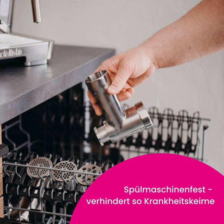 Kitty Professional Profi Edelstahl-Fleischwolf SCHREDDER PRO inkl. Lochscheiben, Messer, Wurstfüllhorn sowie Spritzgebäckvorsatz kompatibel mit KitchenAid Küchenmaschinen - 2. Wahl