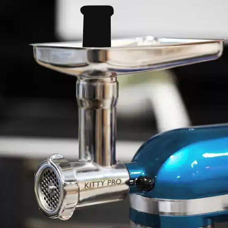 Kitty Professional Profi Edelstahl-Fleischwolf SCHREDDER PRO inkl. Lochscheiben, Messer, Wurstfüllhorn sowie Spritzgebäckvorsatz kompatibel mit KitchenAid Küchenmaschinen - 2. Wahl