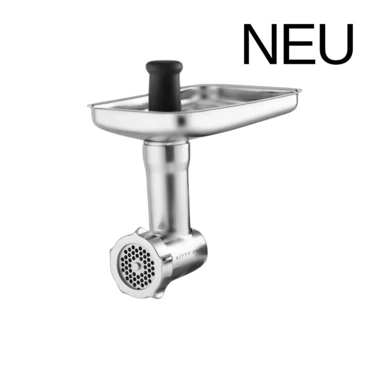 Kitty Professional Profi Edelstahl-Fleischwolf SCHREDDER PRO inkl. Lochscheiben, Messer, Wurstfüllhorn sowie Spritzgebäckvorsatz kompatibel mit KitchenAid Küchenmaschinen