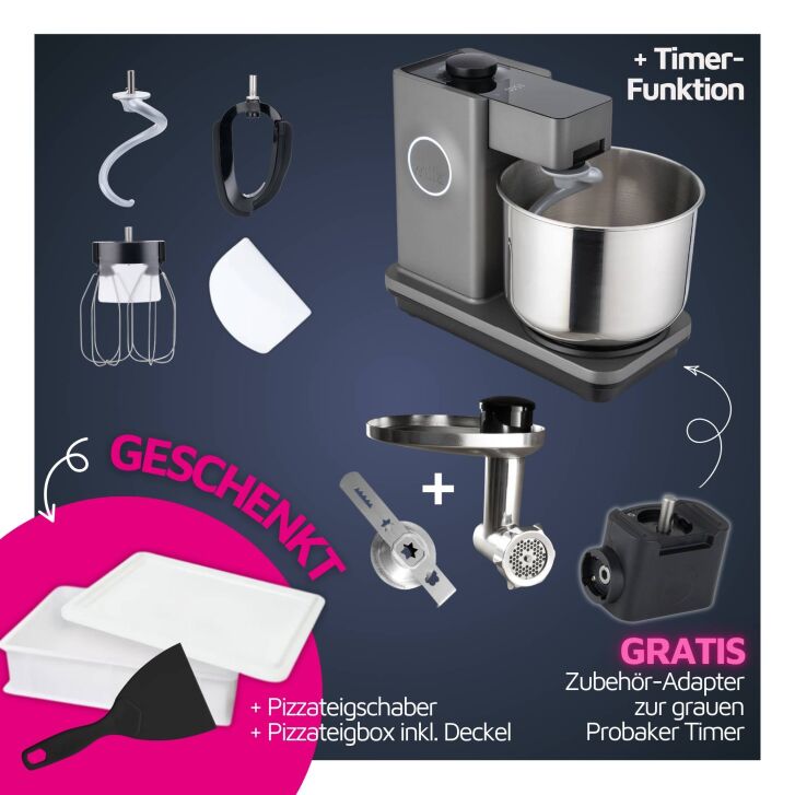 Wilfa Probaker Timer Spar-Set mit Fleischwolf & Spritzgebäckvorsatz inkl. GRATIS Tool-Adapter - GRAU KM2GY-T70