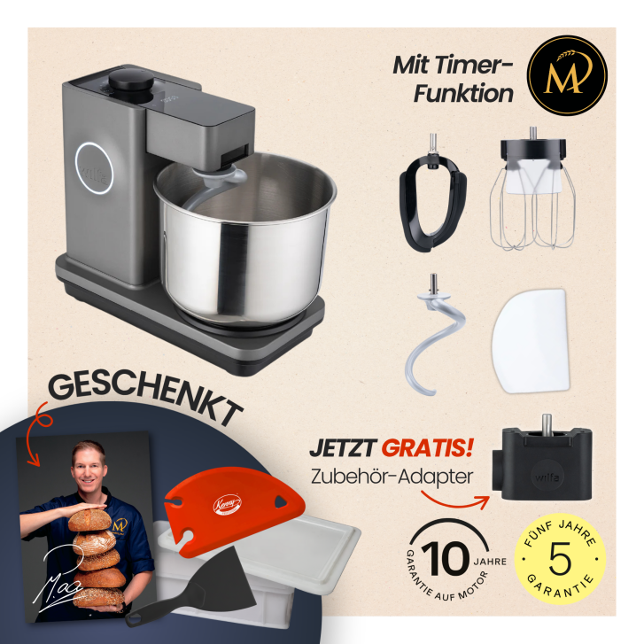 Wilfa Probaker Timer KM2GY-T70 im Spar-Set Marcel Paa mit GRATIS Tool-Adapter,Teigbox inkl. Deckel und passendem Teigschaber sowie Teigkarte & Marcel Paa Grußkarte - Grau